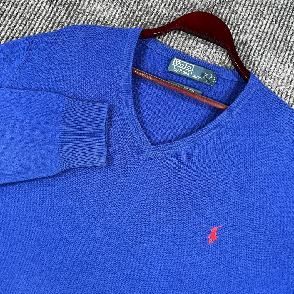 Polo Ralph Lauren Sweater Men XL Extra Large Blue Long Sleeve V Neck Merino Wool
